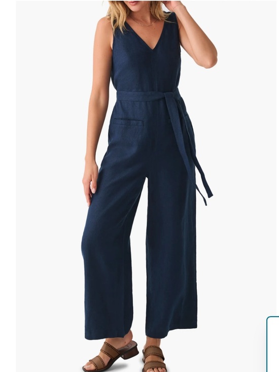 Faherty Pants - Faherty Catalina Linen Navy Sleeveless V-Neck Wide-Leg Jumpsuit with Tie Belt